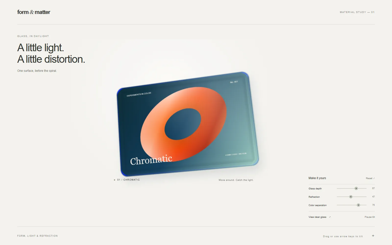The card study: one glass card with an orange ring artwork, and three sliders for depth, refraction and colour separation