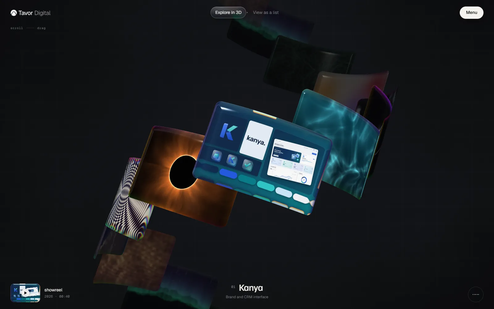 Glass cards on a tilted spiral, the nearest showing the Kanya brand board, refracting the artwork behind their bevelled edges