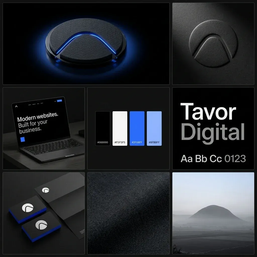 An image-generated moodboard used to test the mark in materials: the lens as an object, embossed paper, the website on a laptop, the palette, the wordmark, stationery, fabric and the mountain in mist