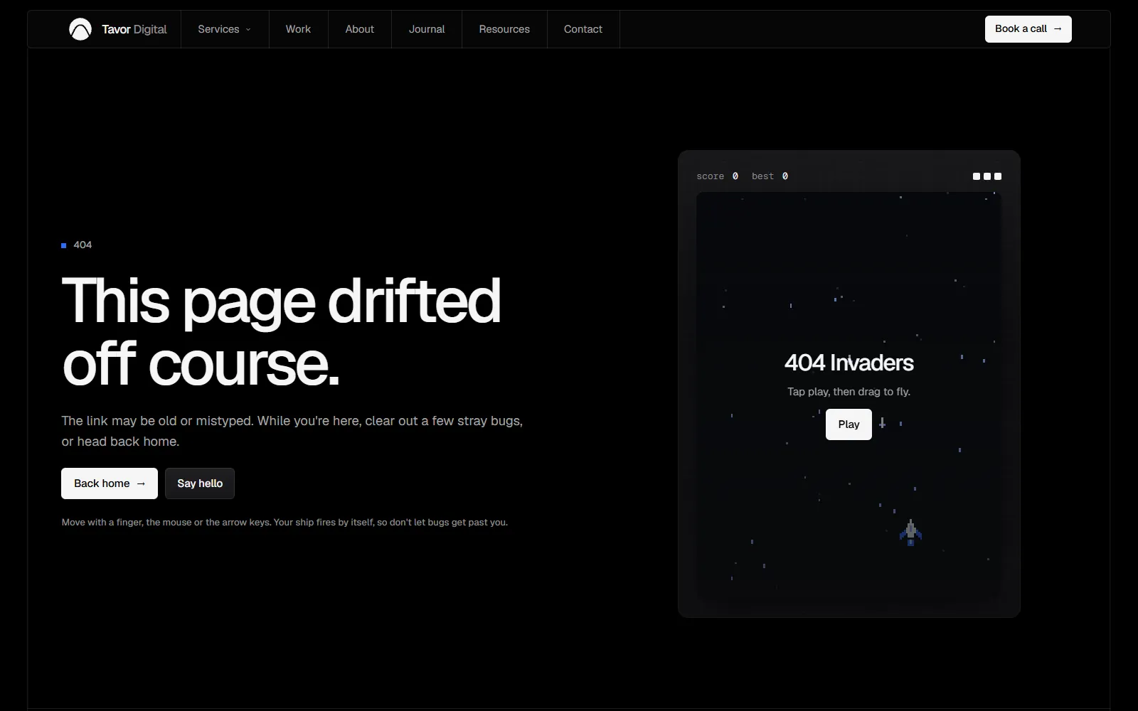 The Tavor Digital 404 page, with the headline "This page drifted off course" beside a small game screen titled 404 Invaders